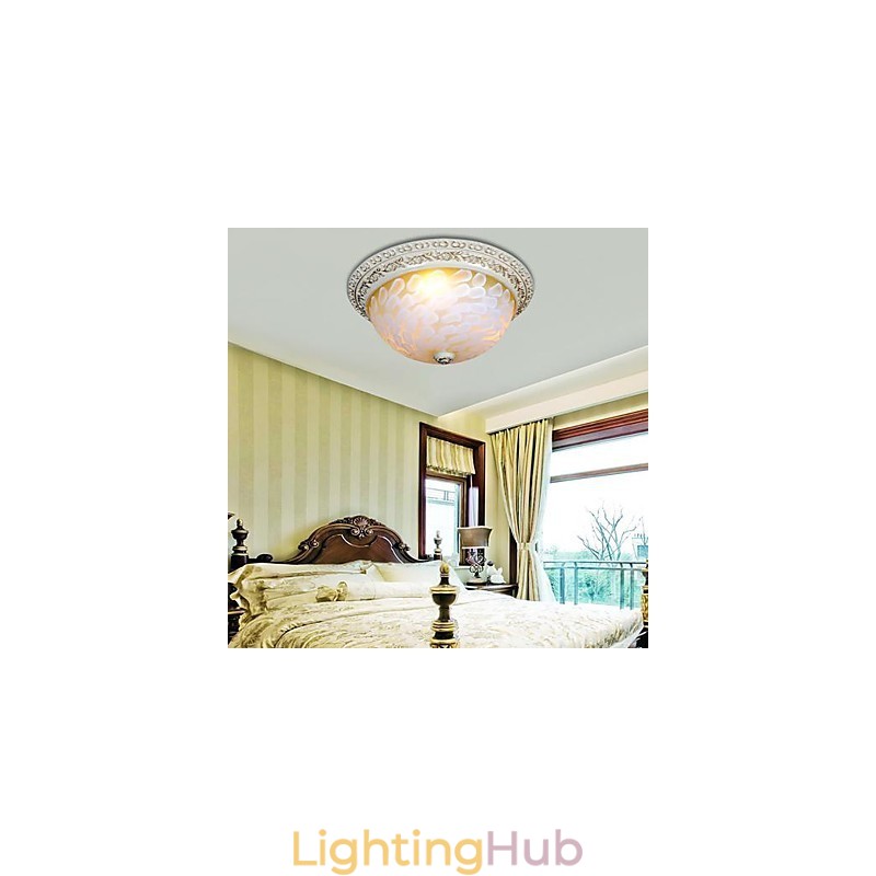 White Flush Mount Light Pattern Glass Resin Gold Carving European Classic