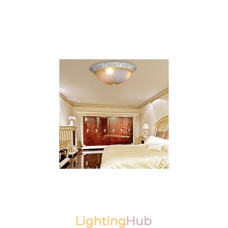 White Flush Mount Light Yellow White Glass Resin Pattern Carving European Classic
