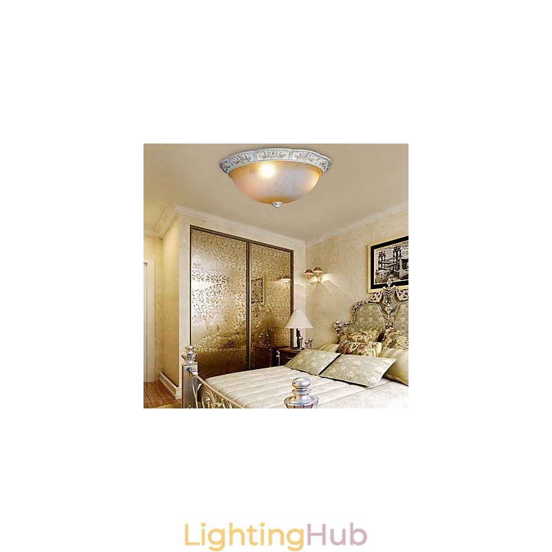 White Flush Mount Light Yellow White Glass Resin Pattern Carving European Classic