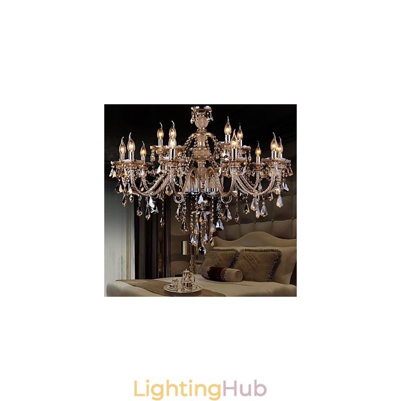 Chandelier Crystal Cognac Color Luxury Modern 2 Tiers Living 15 Lights