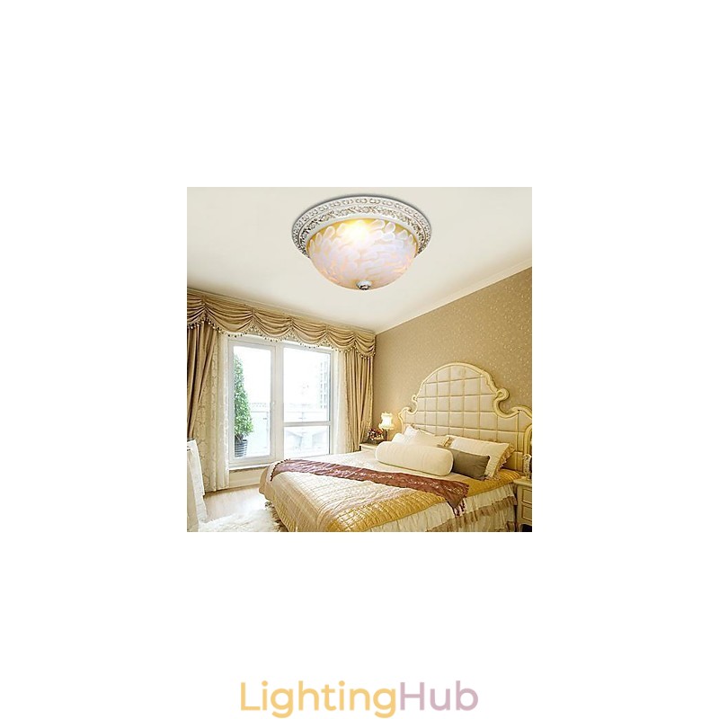 White Flush Mount Light Pattern Glass Resin Gold Carving European Classic