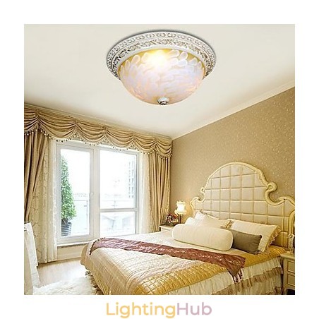 White Flush Mount Light Pattern Glass Resin Gold Carving European Classic