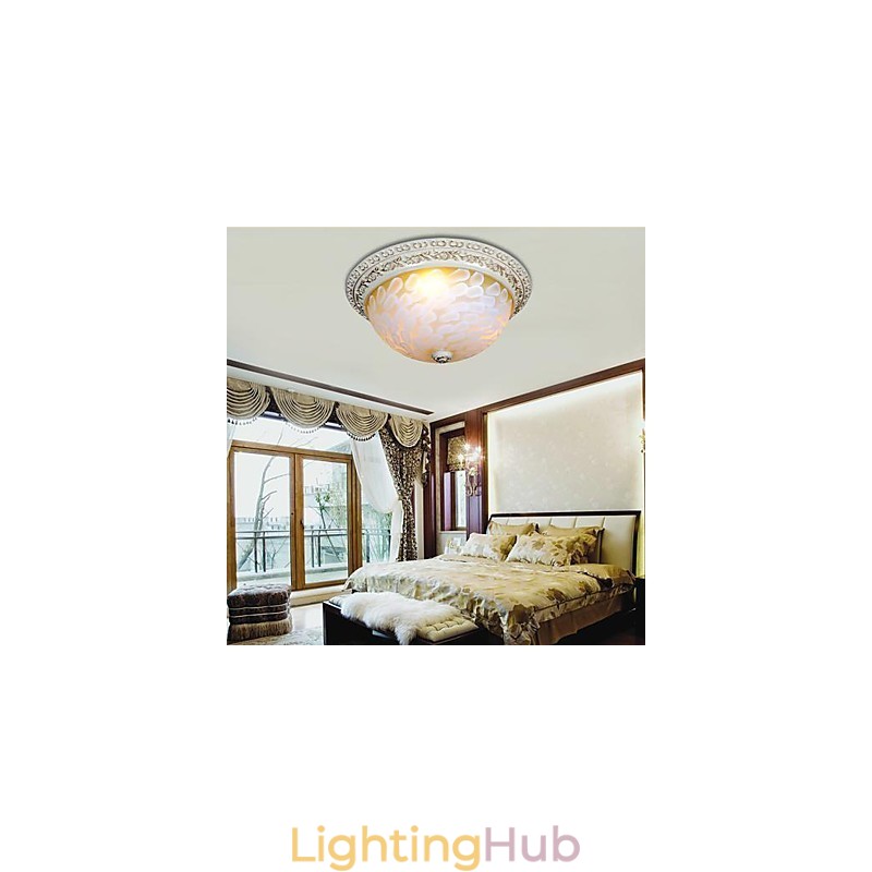 White Flush Mount Light Pattern Glass Resin Gold Carving European Classic