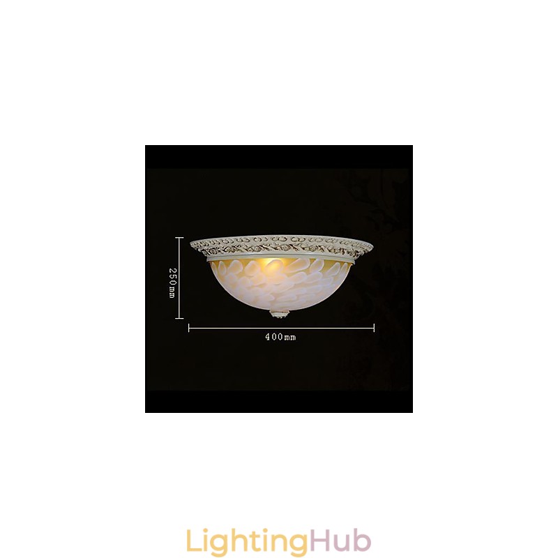 White Flush Mount Light Pattern Glass Resin Gold Carving European Classic