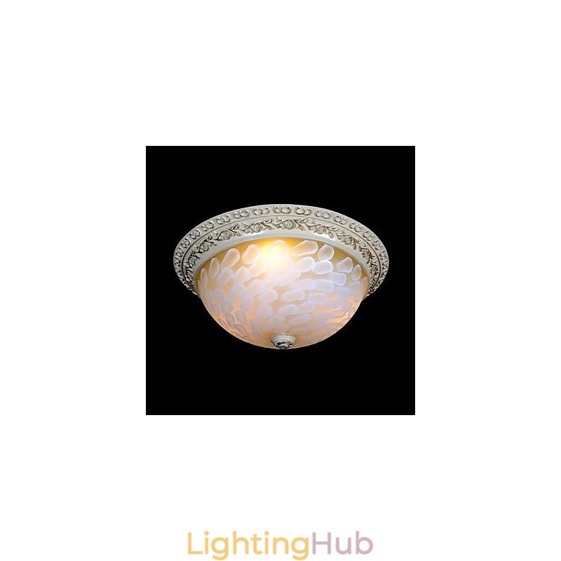 White Flush Mount Light Pattern Glass Resin Gold Carving European Classic