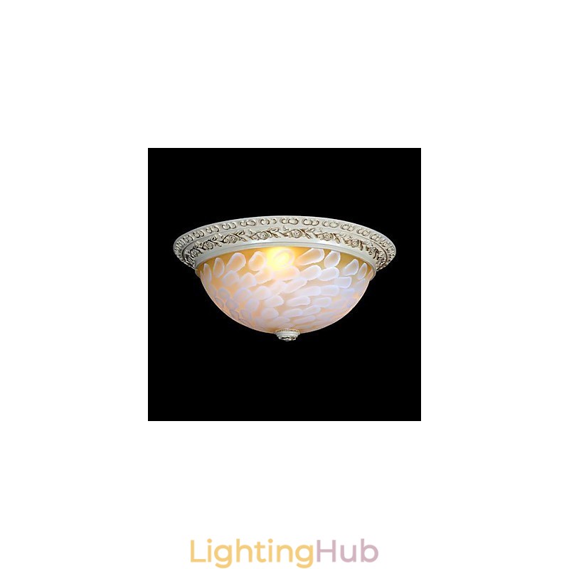 White Flush Mount Light Pattern Glass Resin Gold Carving European Classic