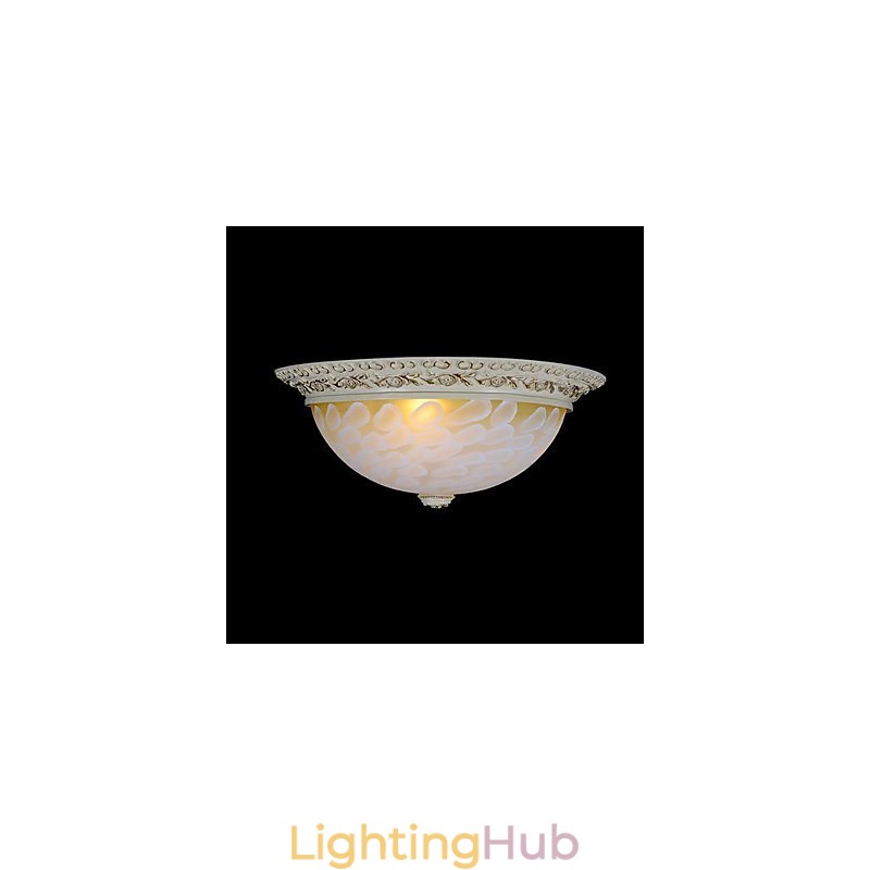 White Flush Mount Light Pattern Glass Resin Gold Carving European Classic