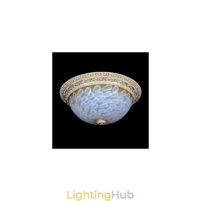 White Flush Mount Light Pattern Glass Resin Gold Carving European Classic