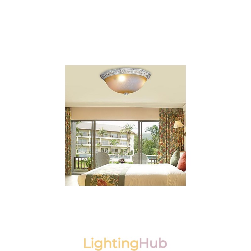 White Flush Mount Light Yellow White Glass Resin Pattern Carving European Classic