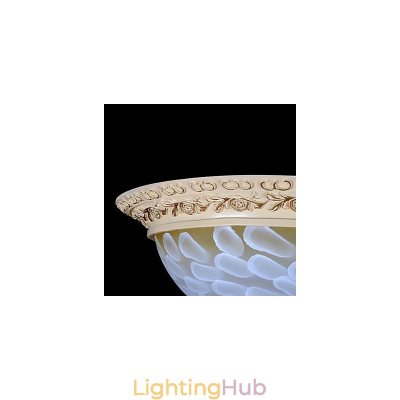 White Flush Mount Light Pattern Glass Resin Gold Carving European Classic