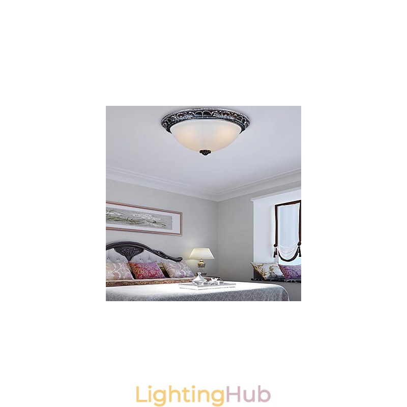Flush Mount Light Glass Resin Silver Carving Retro European Classic