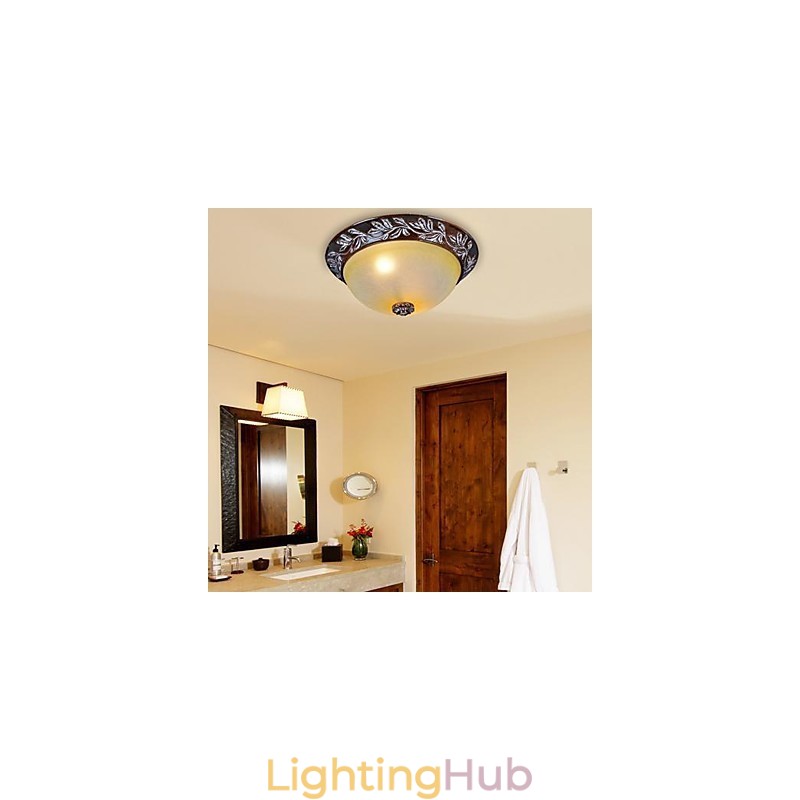 Flush Mount Light White Yellow Glass Resin Silver Carving European Classic