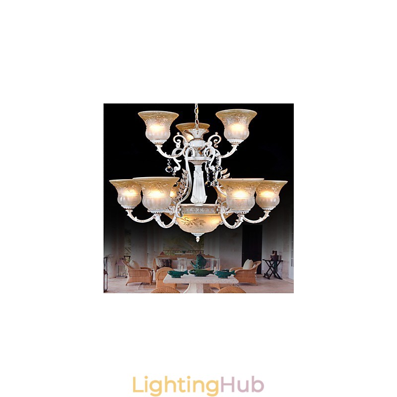 White Chandelier Twelve Lights Pattern Glass Shade Hand Gilt European Retro Classic