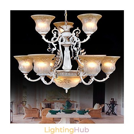 White Chandelier Twelve Lights Pattern Glass Shade Hand Gilt European Retro Classic White Chandelier Twelve Lights Pattern Glass Shade Hand Gilt European Retro Classic