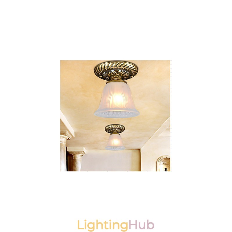Bronze Flush Mount Light Pattern Glass Shade European Retro Classic