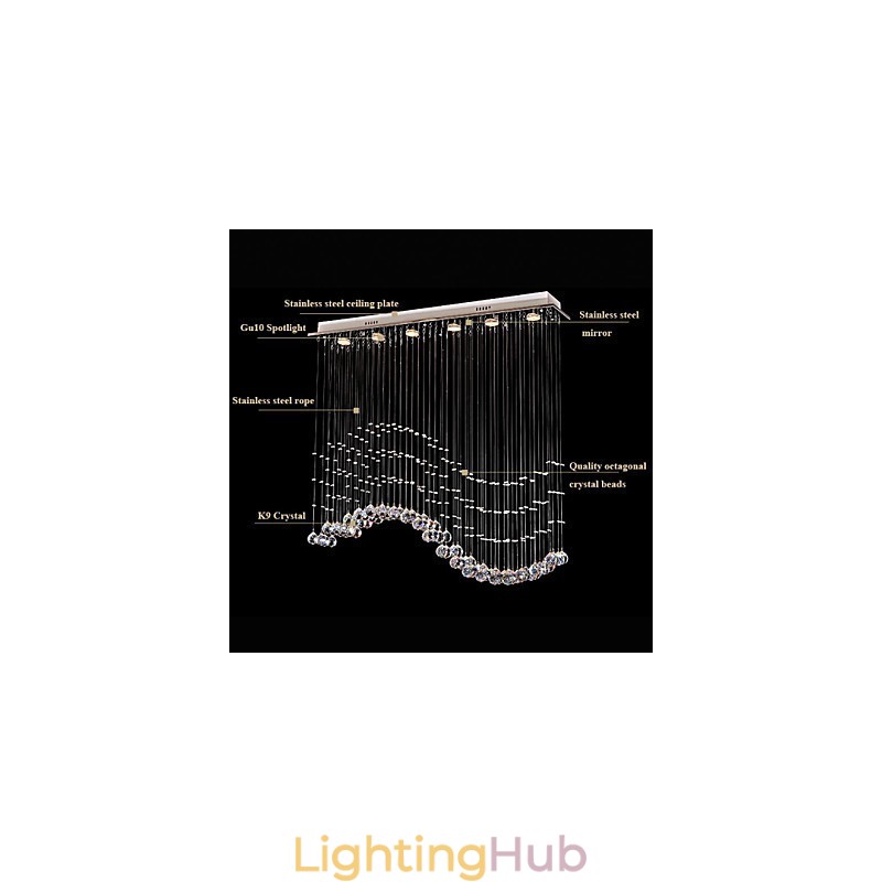 Pendant Light 6 Lights Modern Silver Canpoy Transparent Crystal Waves Ceiling Lighting Fixtures